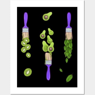 Summer  green fruit brushes. Avocado, kiwi, mint Posters and Art